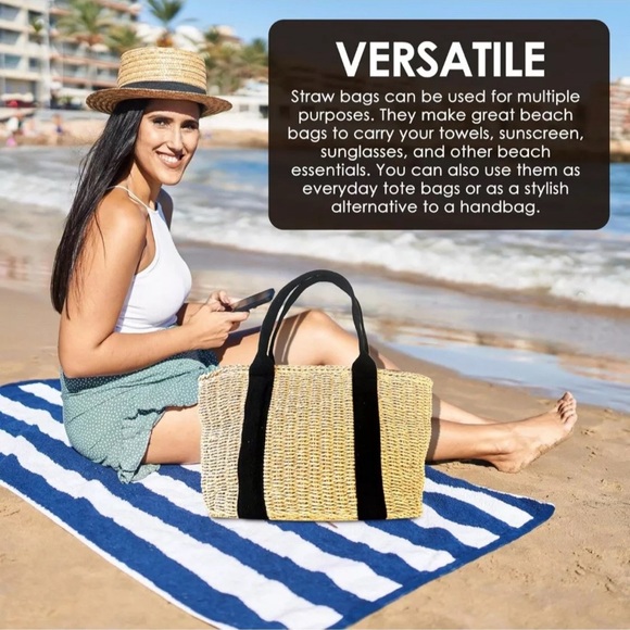 Stylish Tan and Black Woven Tote Bag - Picture 6 of 7